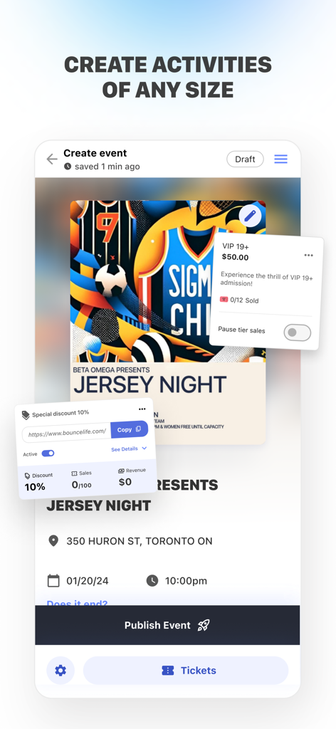 Interface of the Bounce app showing the creation of a collegiate event called Jersey Night with ticketing and discount options.