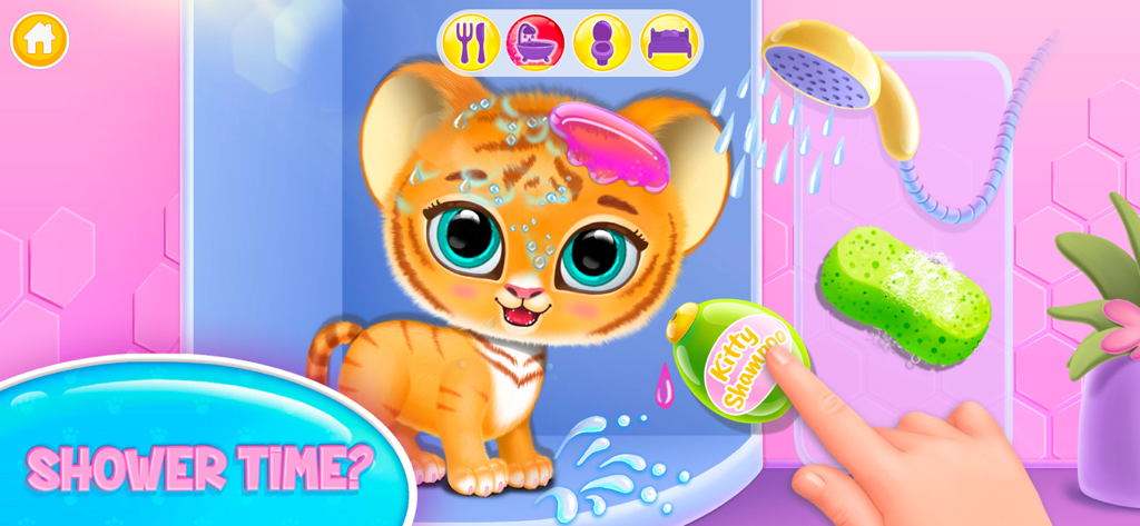 Baby tiger Lili getting a wash with shampoo in the shower.