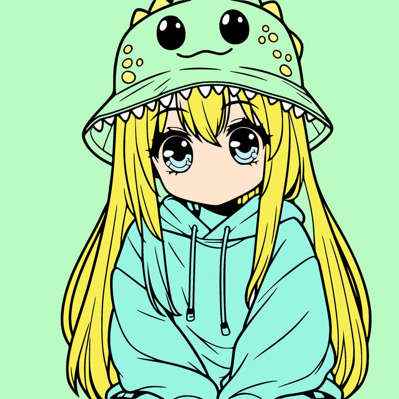 girl with anime shaped eyes with a dinosaur bucket hat oversized sweatshirt long straight hair