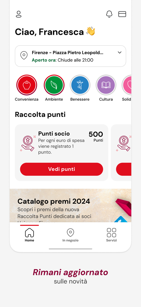Schermata home dell'app mobile coop fi che mostra punti socio e dettagli del negozio