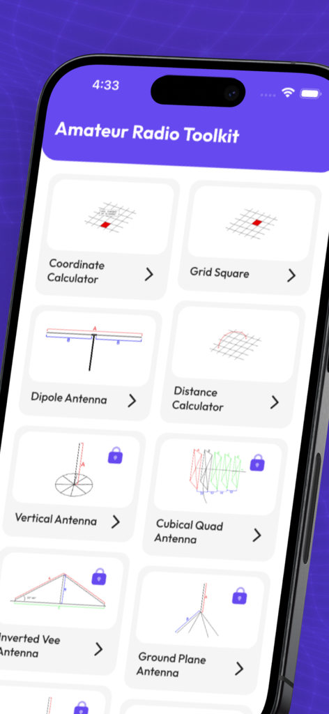 Amateur Radio Toolkit 2025 - Interface of the Amateur Radio Toolkit 2025 app displaying various antenna and coordinate calculators