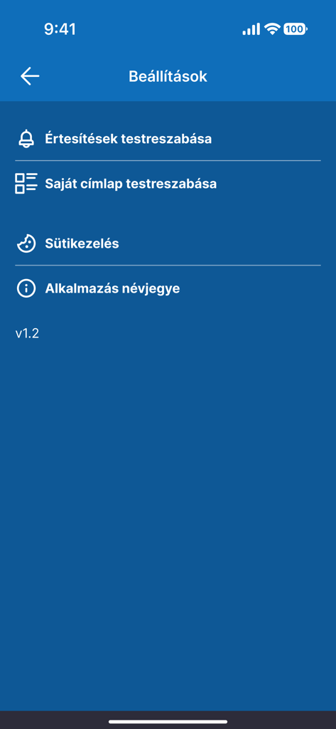 Origo Sport - Le menu des paramètres de l'application Origo Sport montrant les options de personnalisation des notifications et de la page d'accueil en hongrois.