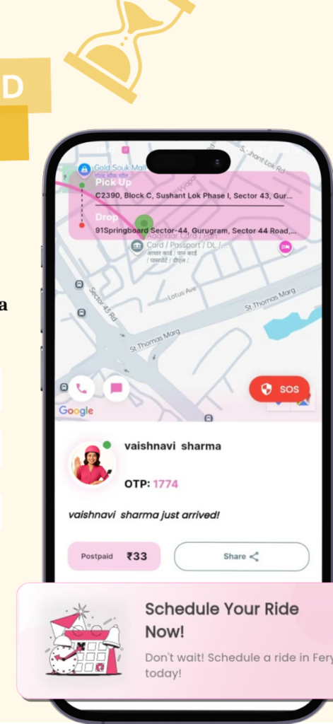 Fery Rides - Fery Rides app interface showing a female driver arrival notification with SOS and sharing safety features