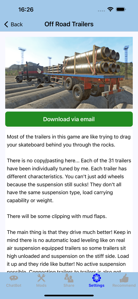 SnowR - DLC Cheat Mods Map(SR) - Captura de pantalla de la aplicación SnowR que muestra un mod de remolques todoterreno con un camión transportando tuberías pesadas.