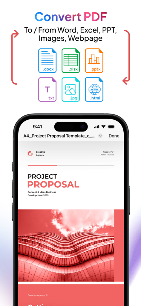 PDF Export - PDF Editor & Scan - PDF Export app screen showing conversion options for Word Excel PowerPoint and images