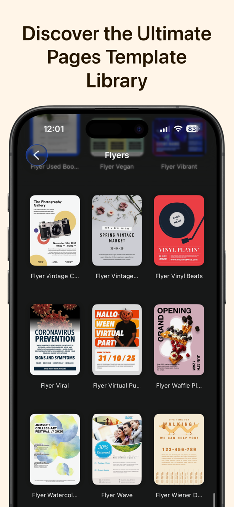 Una selección de plantillas de folletos creativos para Apple Pages dentro de la aplicación Toolbox for Pages