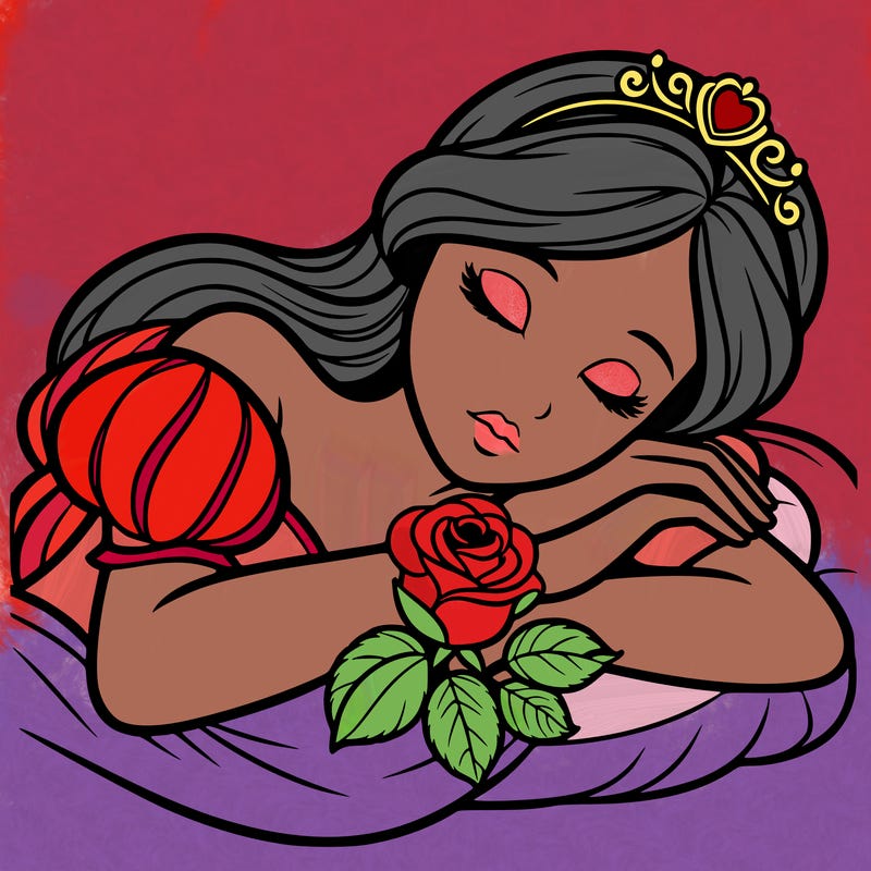 a fairytale princess sleeping with her hands crossed on her chest and a rose on her chest realistic