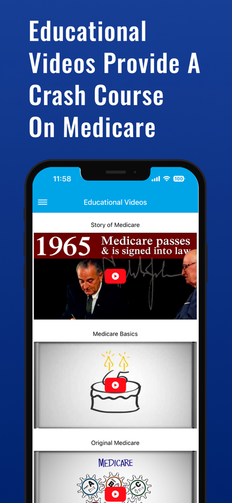 Medicare PlanFinder app interface displaying a list of educational videos for seniors learning about Medicare basics