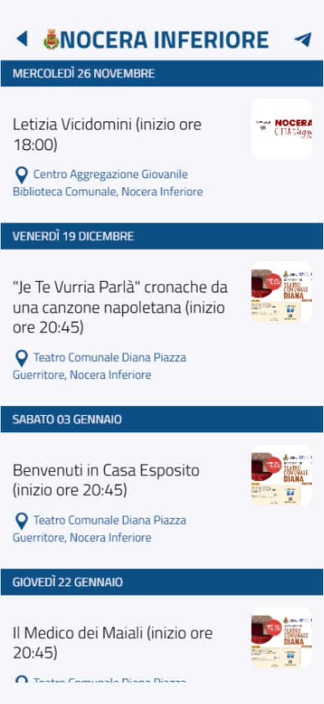 Screenshot of the Nocera Inferiore mobile app showing a list of upcoming local cultural events and theater performances