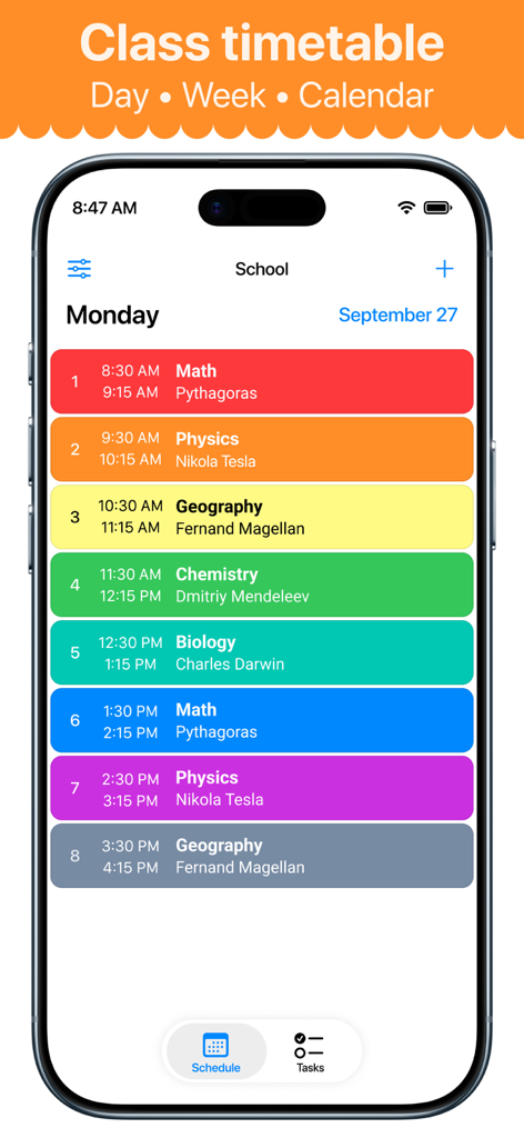 Smart Timetable: Daily Planner - Un colorido horario de clases diario mostrado en la pantalla de un smartphone con varias asignaturas y horarios escolares.
