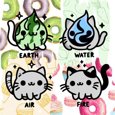 4 cats that represent the different elements, earth, water, air, and fire