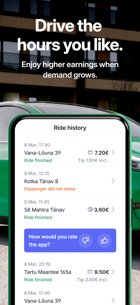 L'interface de l'application Bolt Driver affiche l'historique des courses et les gains pour un travail flexible.