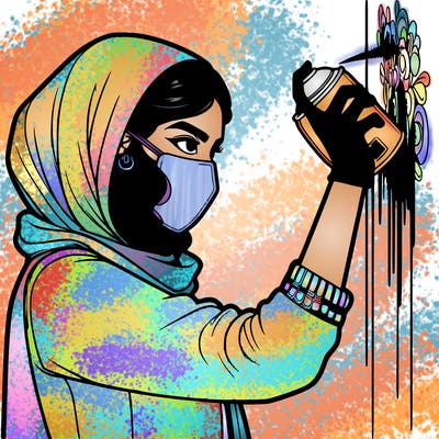 realistic girl with mask spray painting a wall