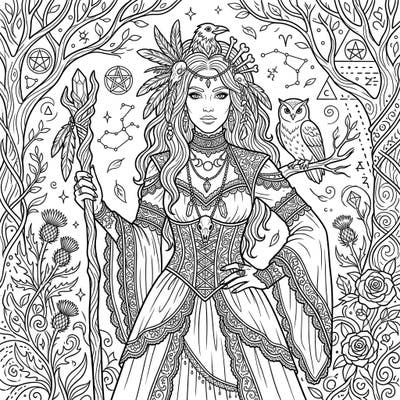 Discover a world of ancient mysticism and dark elegance with this captivating adult coloring page featuring a powerful Gothic shaman. Immerse yourself in intricate details designed for stress relief and mindful creativity.