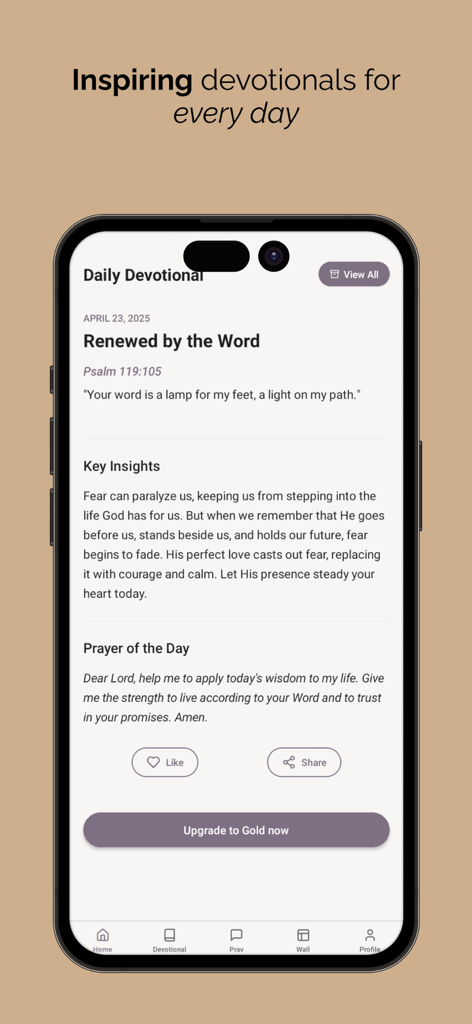 Faithly: Devotional & Prayer - Faithly app daily devotional screen featuring a Bible verse and prayer of the day
