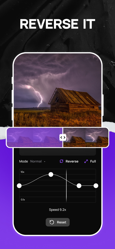 Slow Motion Video: Slowmo - Mobile app interface showing the reverse video and speed adjustment controls for a lightning clip