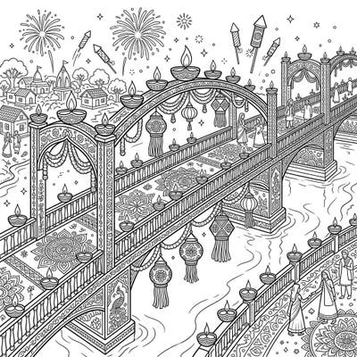 Journey into the heart of the Festival of Lights with this stunning Diwali pedestrian bridge coloring page. Adorned with countless diyas, intricate rangoli, and festive lanterns, it promises a truly radiant coloring adventure.
