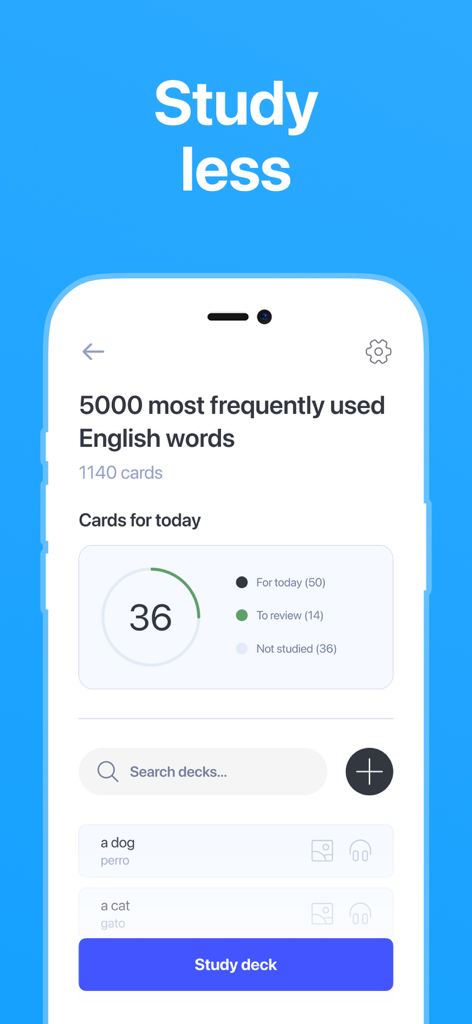 Cogni: Flashcards Learning - Interface d'étude de cartes mémoire de l'application Cogni montrant un paquet de vocabulaire anglais et le suivi des progrès quotidiens