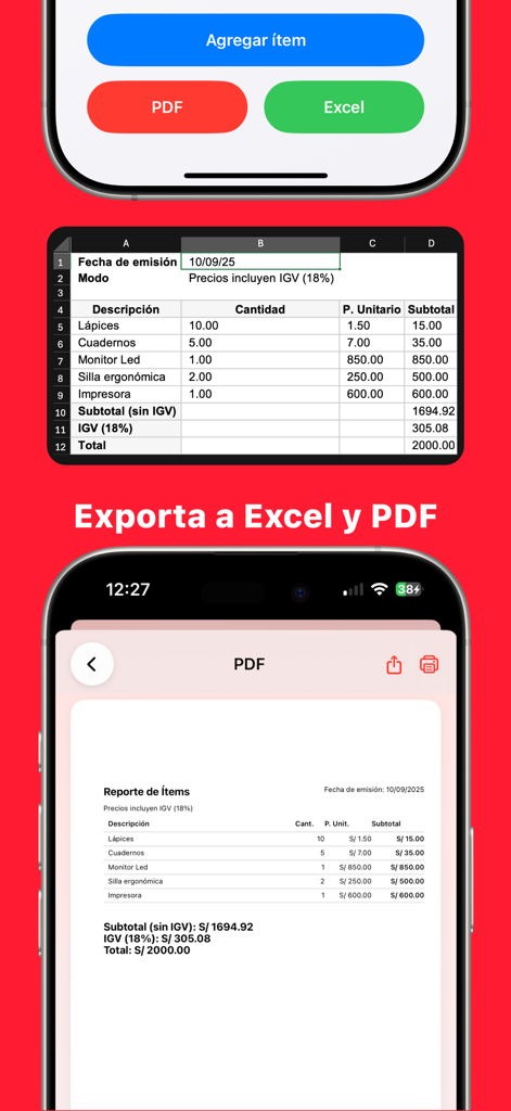 Mobile app interface showing tax report export to PDF and Excel formats