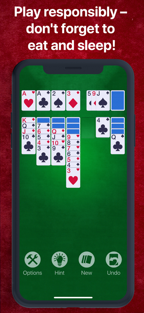 Super Solitaire card game interface on a mobile device featuring large cards and simple controls