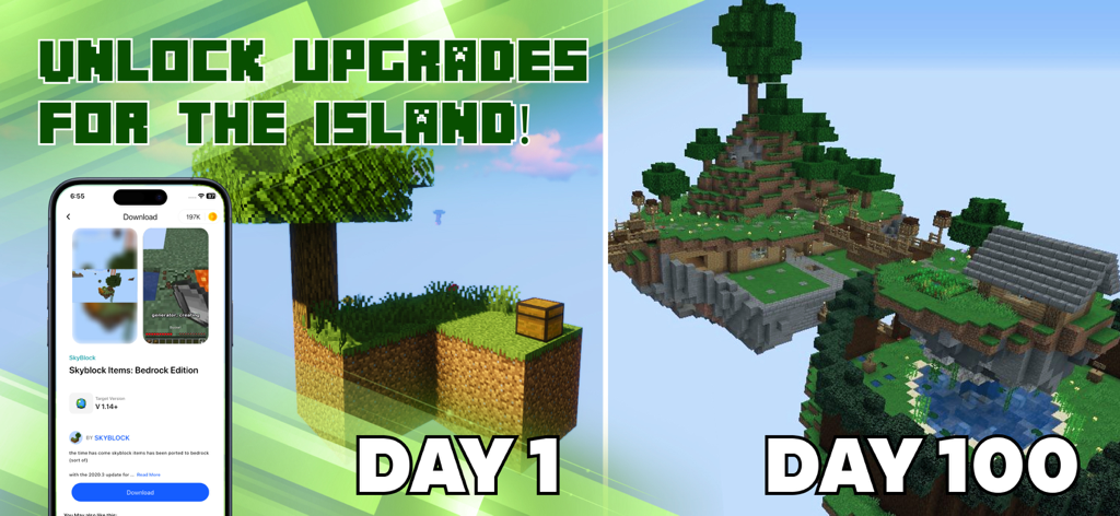 SkyBlock：Maps for Minecraft PE - Uma comparação mostrando uma ilha de Minecraft SkyBlock no Dia 1 versus uma ilha totalmente atualizada no Dia 100