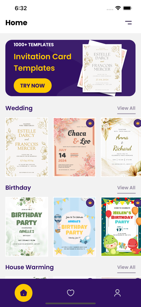 Just Invite: Invitation Maker - Just Invite app home screen displaying various invitation card templates for weddings and birthdays
