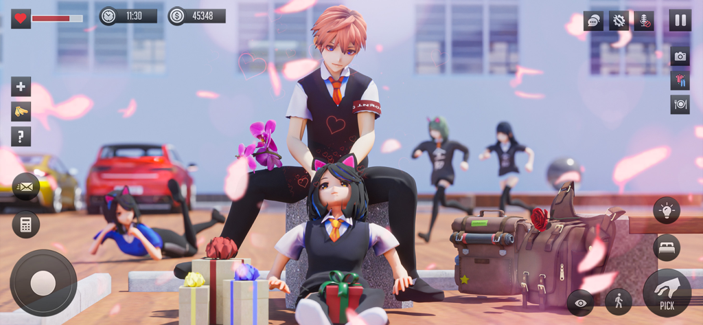 Anime Love Story Simulator - 3D anime characters in a romantic high school setting with gifts and flower petals