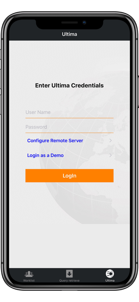 Login screen of the iPaxera medical imaging app for entering Ultima credentials.
