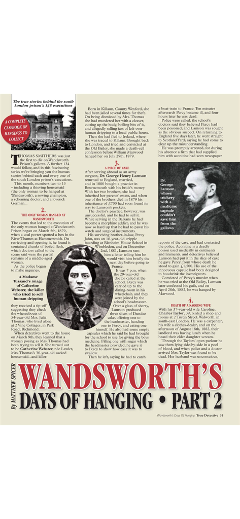 Página digital da revista True Detective com histórias de crimes históricos e retratos sobre as execuções na Prisão de Wandsworth.
