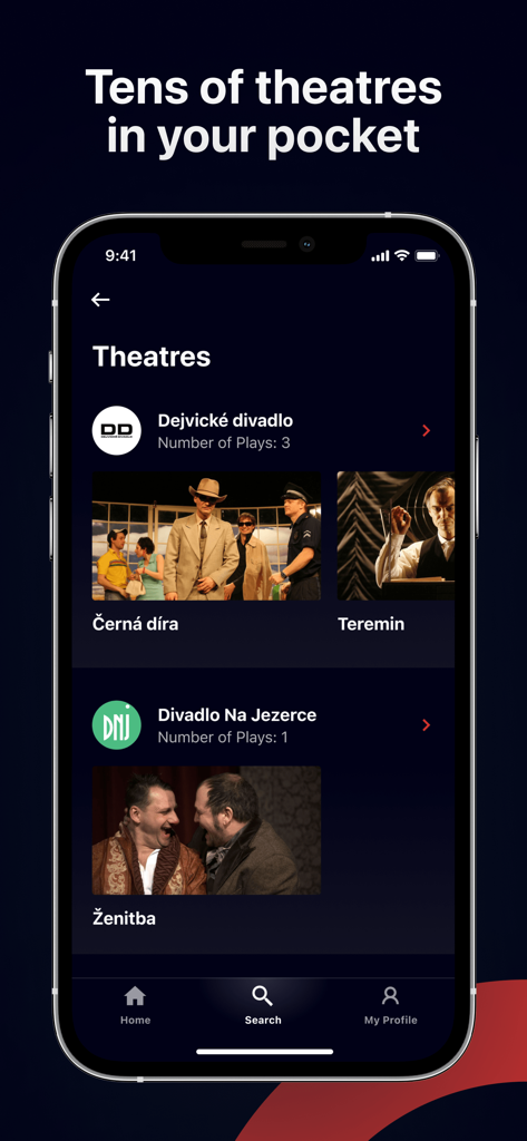 Dramoxモバイルアプリのインターフェースに、劇場と利用可能な演劇のリストが表示されている。