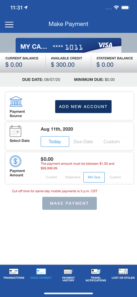 SCU Credit Card - The make payment interface of the Sharon Credit Union mobile app showing available credit and payment options.