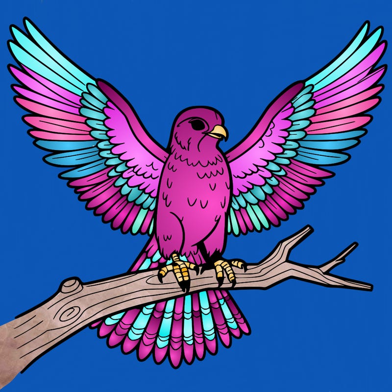 a falcon perched on a branch with its wings spread wide