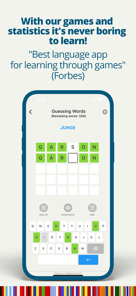 Um jogo de adivinhação de palavras estilo Wordle dentro do aplicativo de aprendizado de idiomas Qlango mostrando uma lição de francês