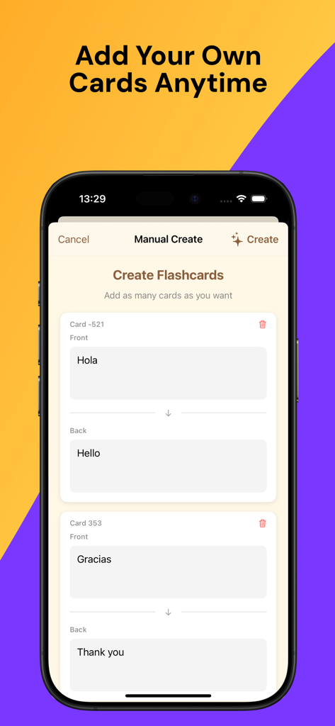 MemoCards: AI flashcards - Screen for manual flashcard creation in MemoCards showing Spanish to English vocabulary entry