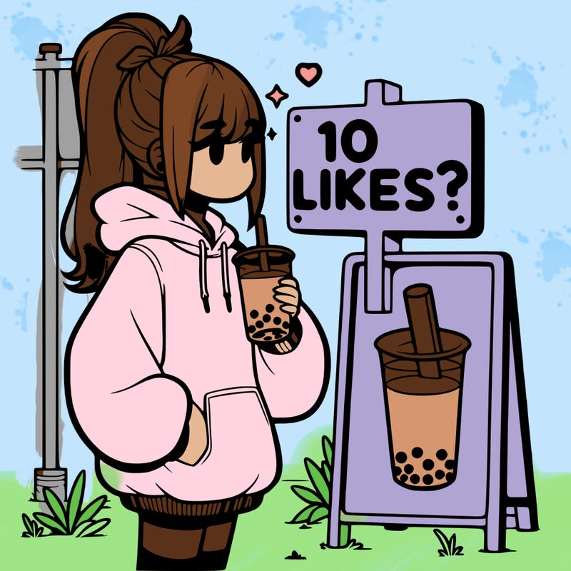 girl with oversized hoodie drinking boba and she has a high ponytail with a sign that says 10likes?
