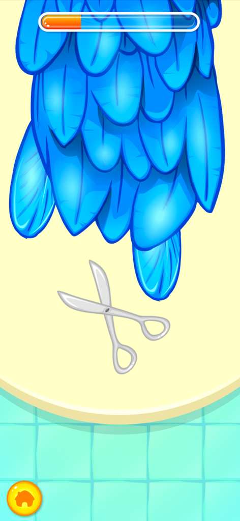 Pet Wash - Gameplay screenshot showing a pair of scissors trimming blue parrot feathers in the Pet Wash app