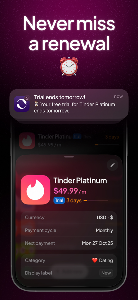 A push notification from the Subby app reminding a user that their subscription trial is ending soon