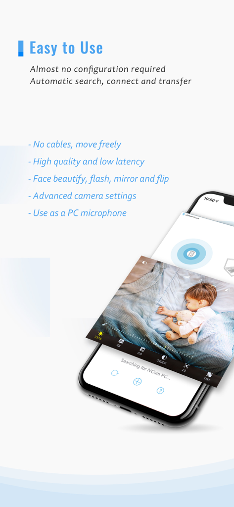 iVCam app interface showing baby monitoring and key features like low latency and wireless connection.