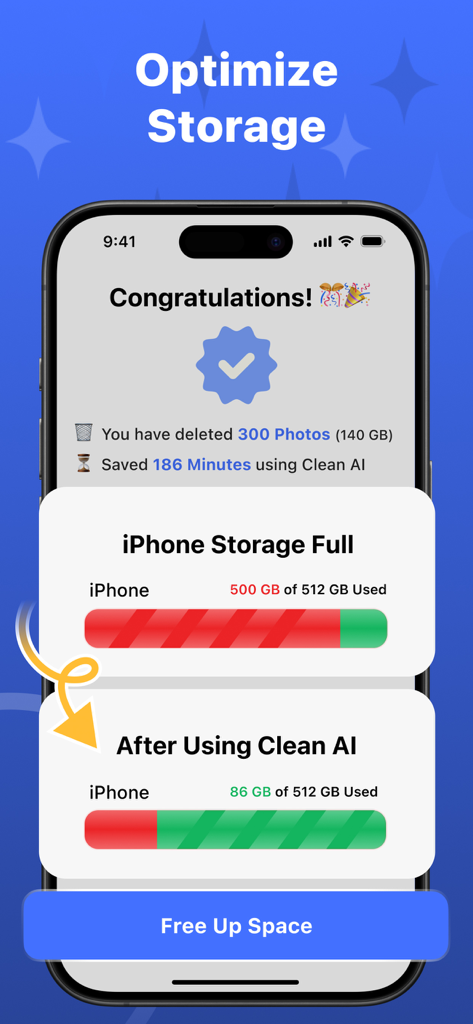Clean AI・Phone Storage Cleaner - iPhone storage comparison showing memory usage before and after using the Clean AI app