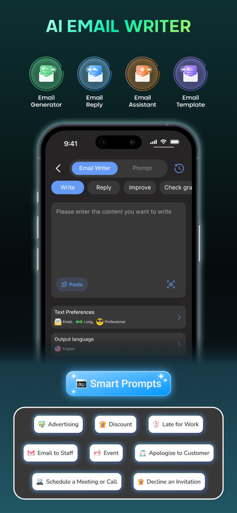 AI Chat: AI Chatbot 5 0 - Interface móvel de um escritor de e-mails AI mostrando prompts inteligentes e ferramentas de escrita profissional