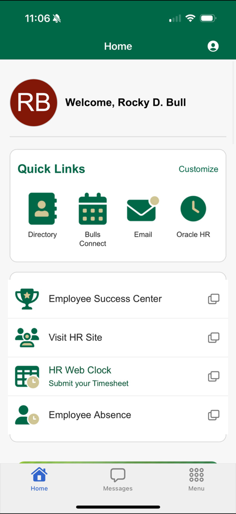 MyUSF Mobile - MyUSF Mobile app home dashboard featuring quick links for directory email and university HR services