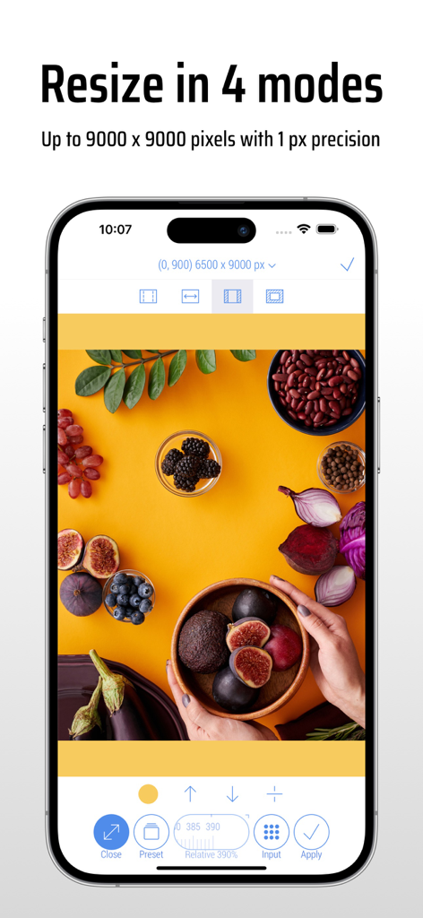 CropSize: Image Resizer Editor - CropSize app interface showing image resizing in four modes with high pixel precision