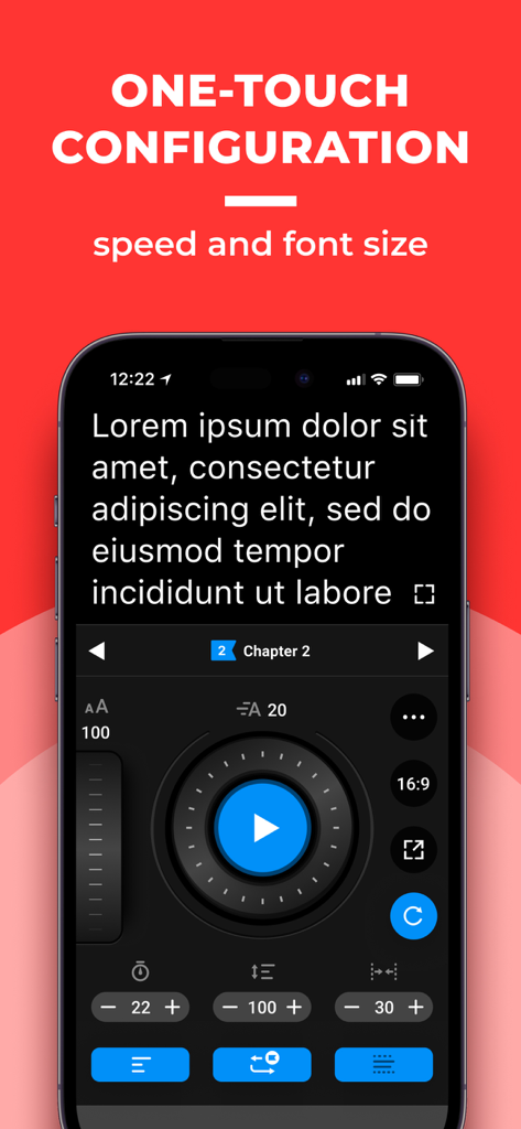 SUFLER.PRO app interface for one-touch configuration of text speed and font size on a smartphone.