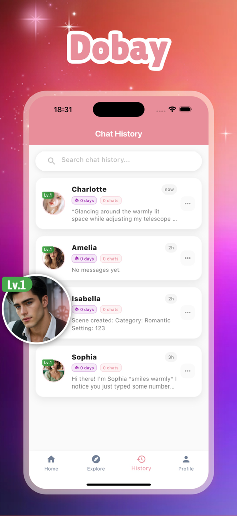 A mobile screen showing the chat history list with various AI companion characters in the Dobay app.