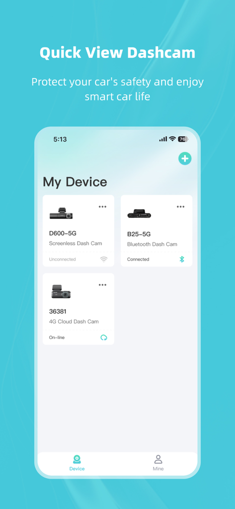 Kacam - Interface of the Kacam app showing the My Device screen with a list of paired dash cams including models D600-5G and B25-5G.