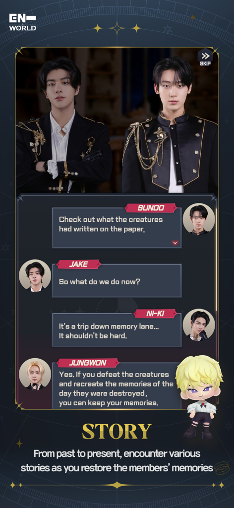 ENHYPEN WORLD : ETERNAL MOMENT - Story mode interface in ENHYPEN WORLD showing character dialogue and portraits