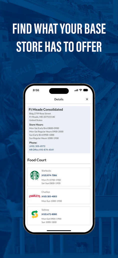 Store hours and food court information for Ft Meade on the My Exchange app