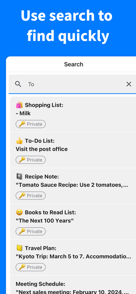 Simple Notes - Take notes - Simple Notes app search screen showing a list of private notes with category icons