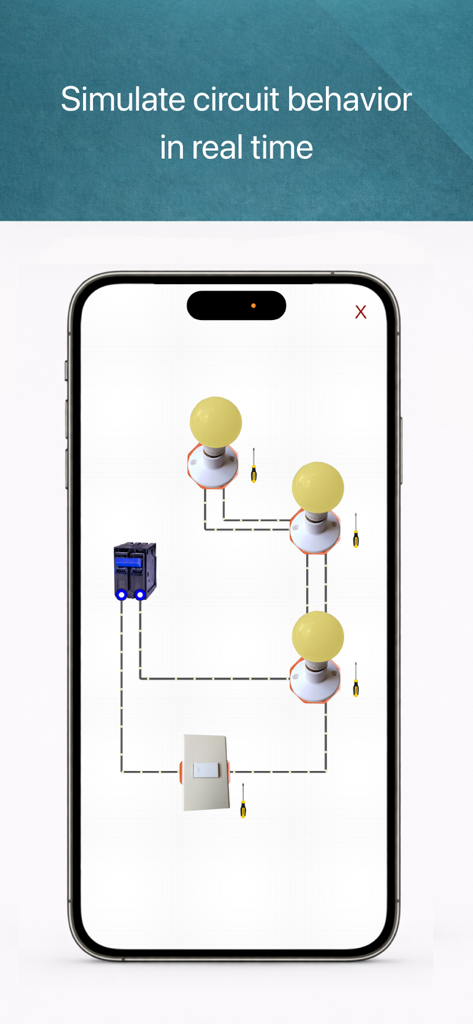 Interface of ElectroSim app displaying a real-time electrical wiring simulation on a smartphone