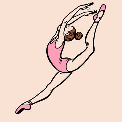 gymnast doing a leap in a leotard with a bent back leg